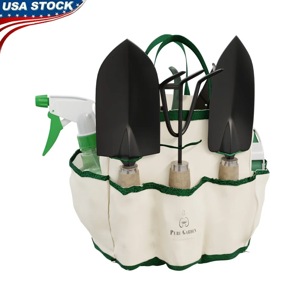 

8 Piece Gardening Hand Tool Set with Canvas Tote Rake Trowel Shovel Pruner Snip Spray Bottle Soft Wire Tie