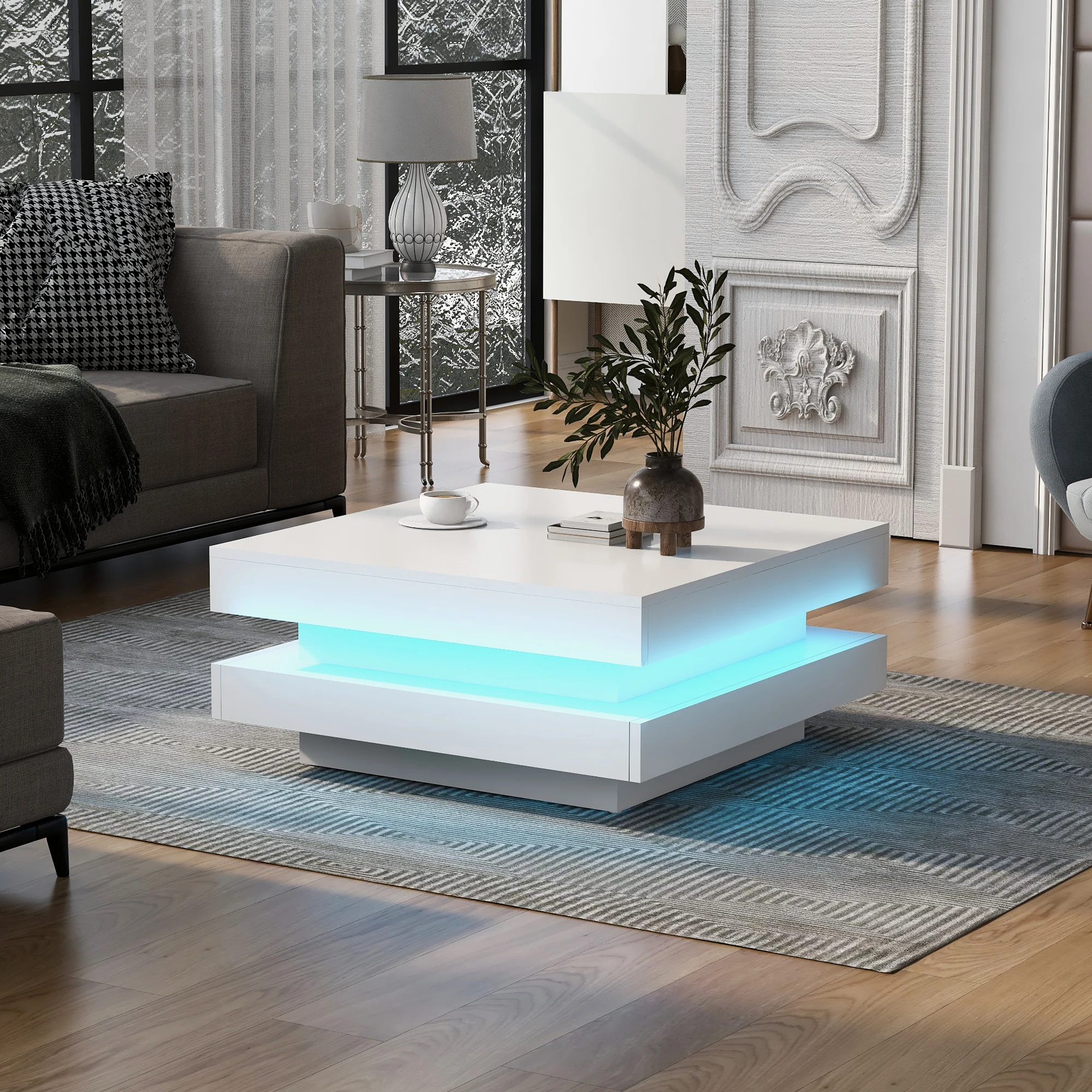 High Gloss Minimalist Design Coffee Table W/Plug-in 16-Color LED Lights 2-Tier Square Center Table for Living Room White/Black