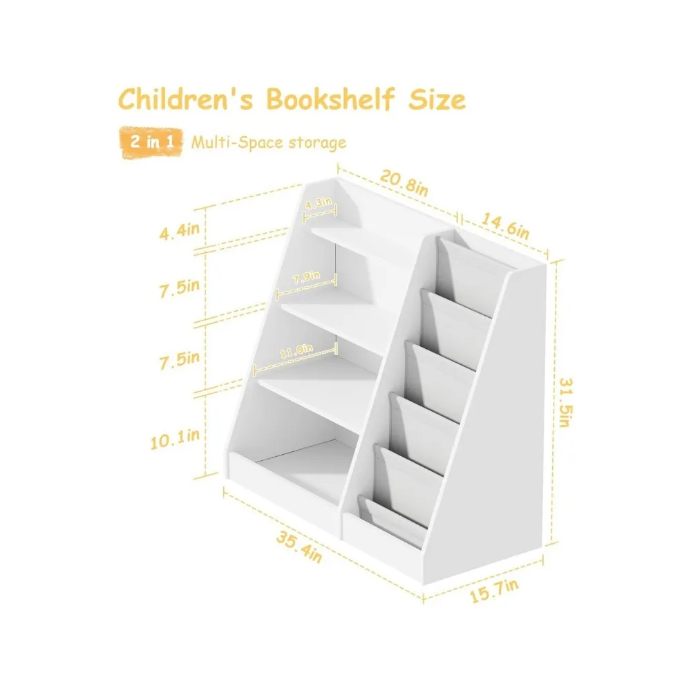 Kids Bookshelf and Toy Storage, 4 Tier Wooden Kids Bookcase with 5 Layer Sling Book Shelf for Kids Rooms, Classroom, Bedroom