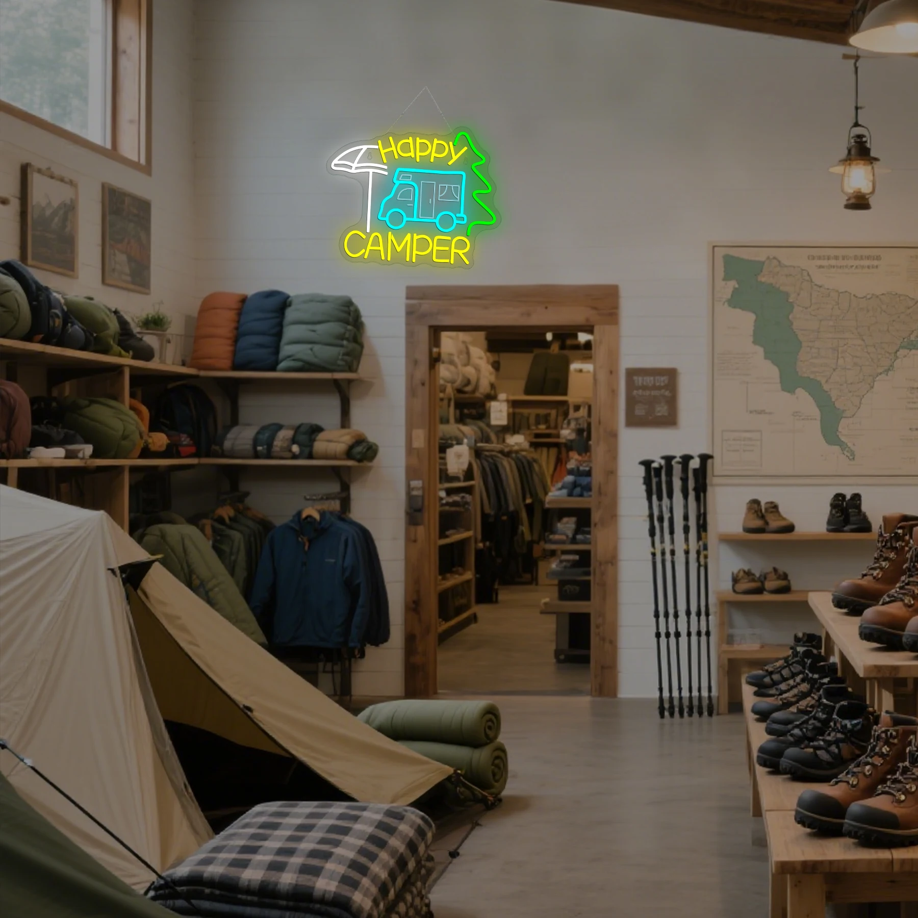 Happy Camper Neon Sign Dimmable Camping Light Up Sign for Touring Car Gifts Campsite Decorations Inside Camper Backdrop