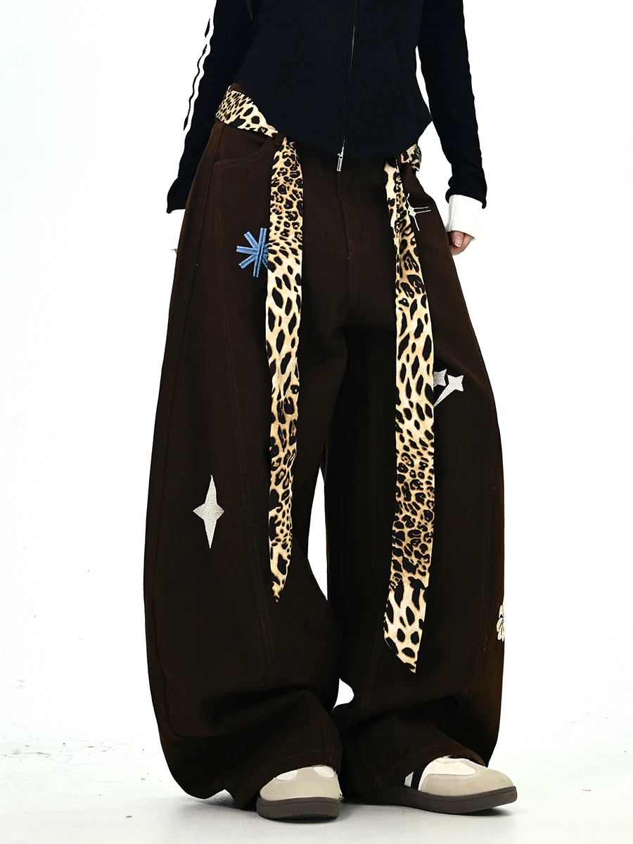 

Свободные джинсы-бойфренды с леопардовым принтом и поясом, женские, весенние, новые, в корейском уличном стиле, с изогнутым кроем, повседневные