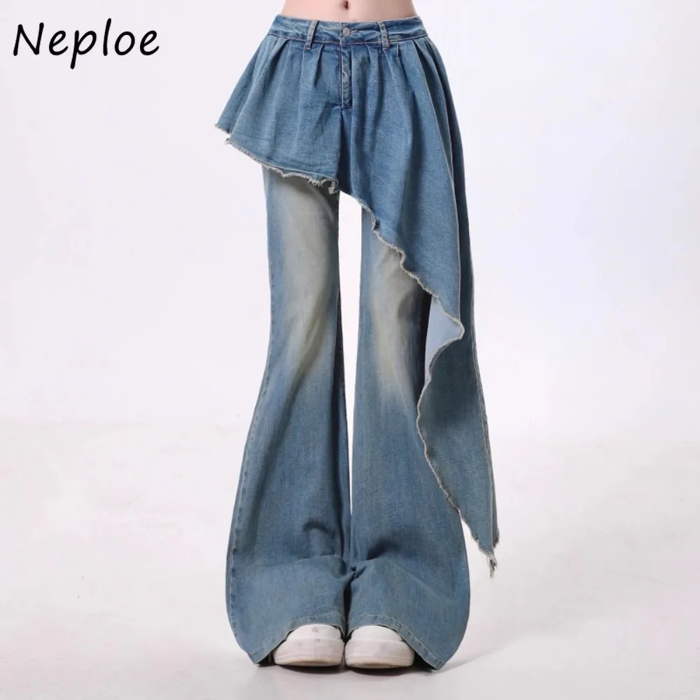 Neploe cintura alta lavagem harajuku streetwear calças europa alargamento novo denim na moda rendas até calças finas moletom personalizado