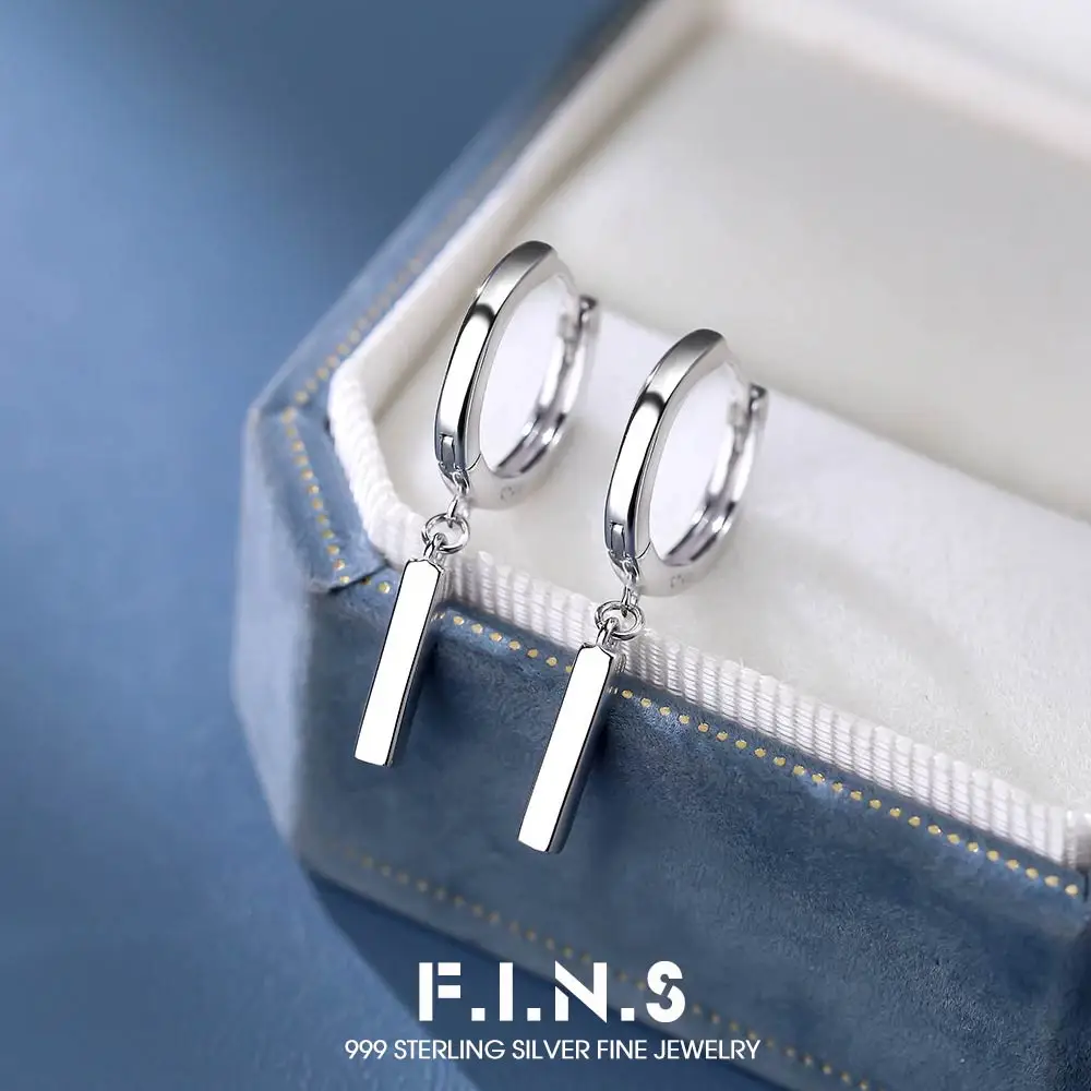 

F.I.N.S Minimalist S999 Sterling Silver Bar Earrings for Women Versatile Small Hoop Piercing Drop Plain Ear Buckles Fine Jewelry