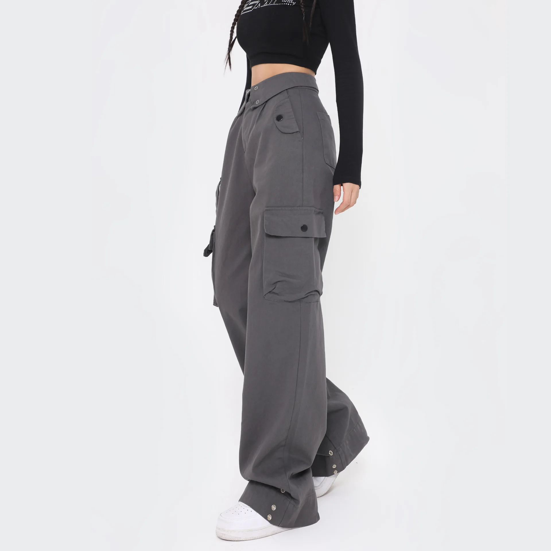 OR FL Autumn Trendy Brand American style 100 Cotton Women Cargo Trousers Retro Slacks Wide Leg Pants Women's High-waisted Pants