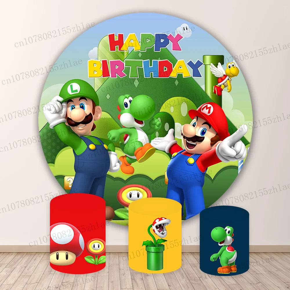 

Super Mario Baby Shower Photo Backdrop Birthday Party Photography Backdrop Round&Cylinders Plinth Covers Decoration