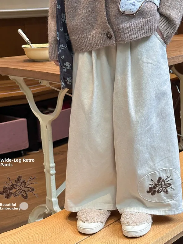 

Корейские прямые широкие брюки с вышивкой для девочек, повседневные цветные брюки, весна-осень, новое поступление для детей