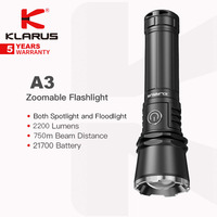 Klarus A3  2200 Lumens 750m Beam Distance ,Adjustable Zoomable Tactical Flashlight / Spot/Flood Light with 21700 Battery