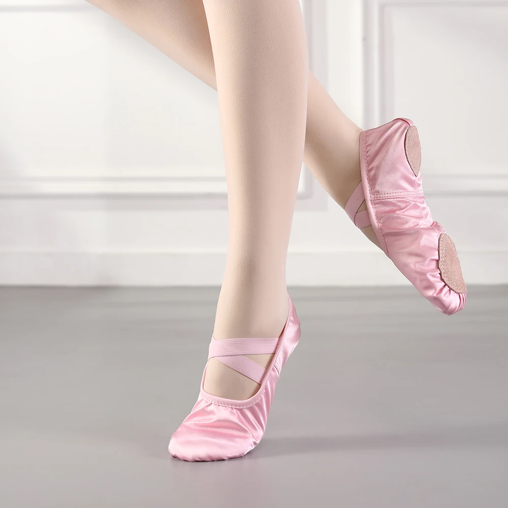 Girls Ballet Dance Shoes Silk Women Kids Dance Split Sole Ballroom Training Shoes Child Adult Ballet Shoes Peach pink Flat