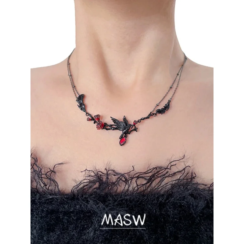 MASW Original Design Hip Hop Cool Girl Style Red Flower Blackbird Necklace Women's Party Jewelry Accessories Christmas Gift