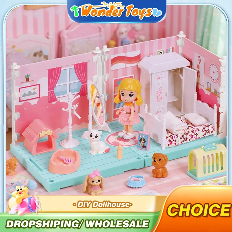 

Girls Toys Doll House Mini Room Miniatures House Kit Simulated Bedroom Bathroom Kitchen Study Furniture Play House Toys for Kids