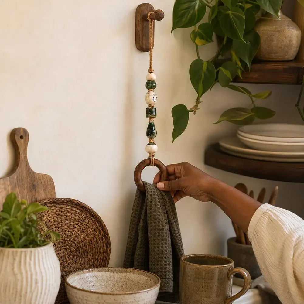 Coastal Blue Beaded Hand Towel Rack With Natural Wooden Rings Bohemian Wall Mounted Hangers Bathroom Kitchen Hand Towel Storage