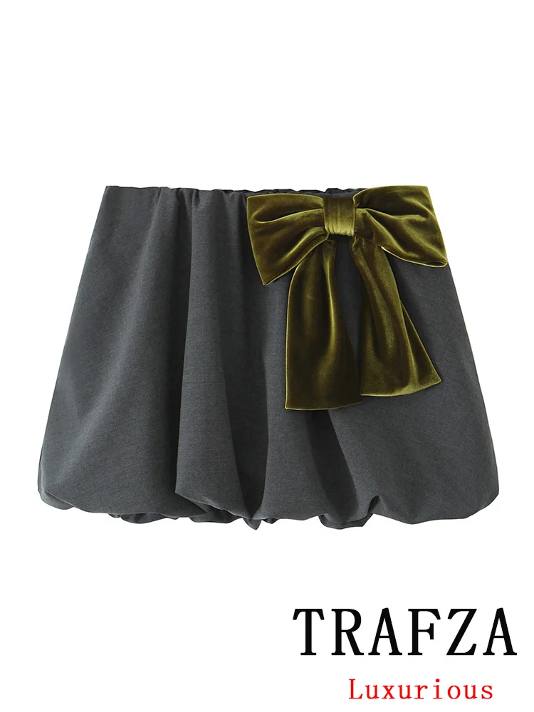 TRAFZA Vintage Casual Chic Women Skirt Grey Solid Bow Folds Short Mini Skirt New Fashion 2024 Autumn Holiday Female Short Skirt