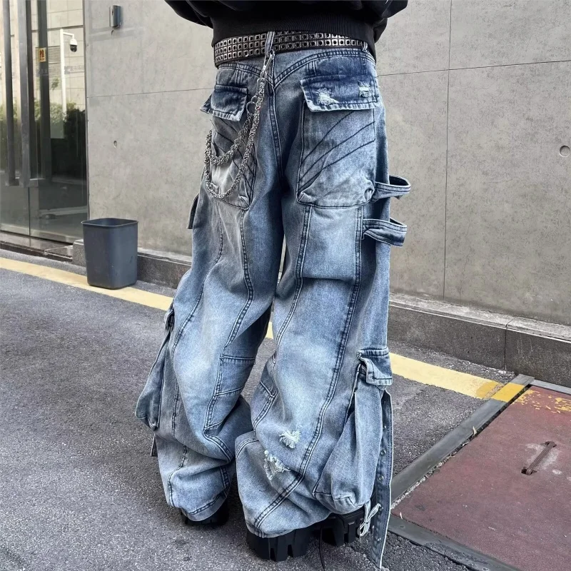 2025 Cyber Y2K Streetwear Washed Blue Baggy Ripped Cargo Jeans Pants For Men Clothing Wide Leg Vintage Loose Punk Denim Trousers - Image 2