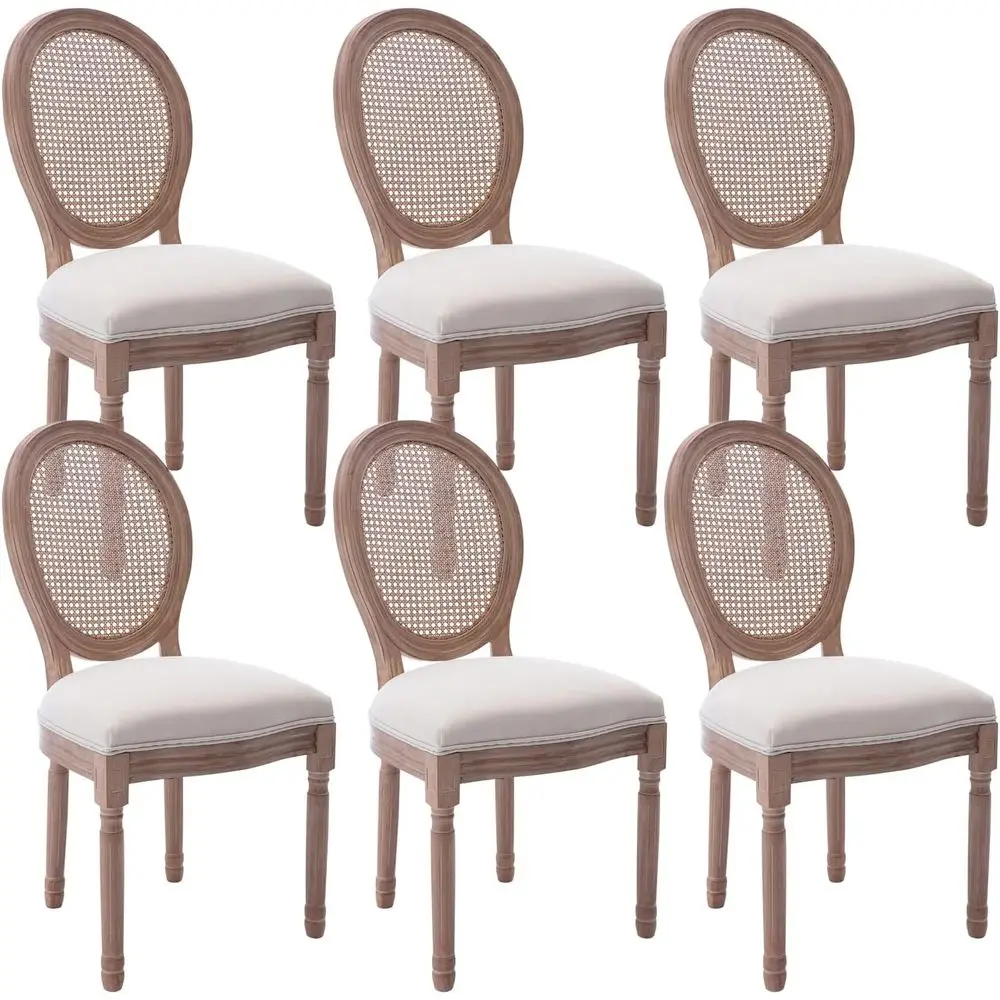 Set of 6 Rattan Upholstered Farmhouse Dining Chairs with Curved Backs and Carved Wood Frames for Home and Restaurant Use