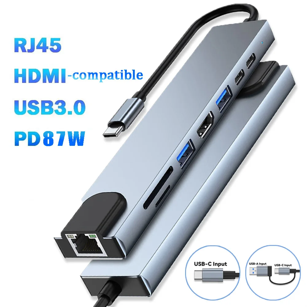 Hub USB C 8 em 1 Tipo C USB3.0 para Adaptador HDTV 4K com RJ45 100Mbps, Leitor de Cartão SD/TF e Carregamento Rápido PD para MacBook, Notebook e Laptop