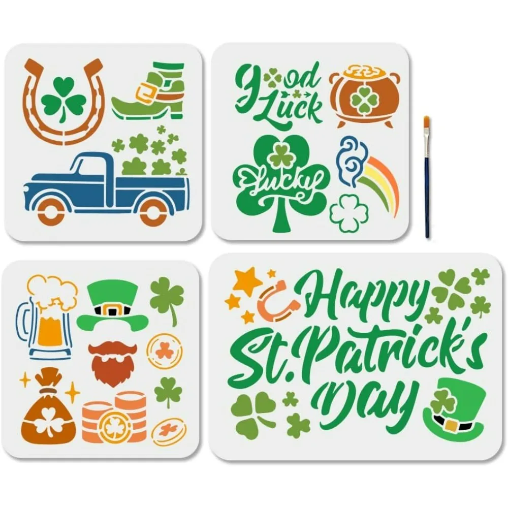 St. Patrick's Day Stencils - Shamrock Stencils for Painting Horseshoe Truck Templates (11.7x8.3 7.9x7.9 Inch) with Brush