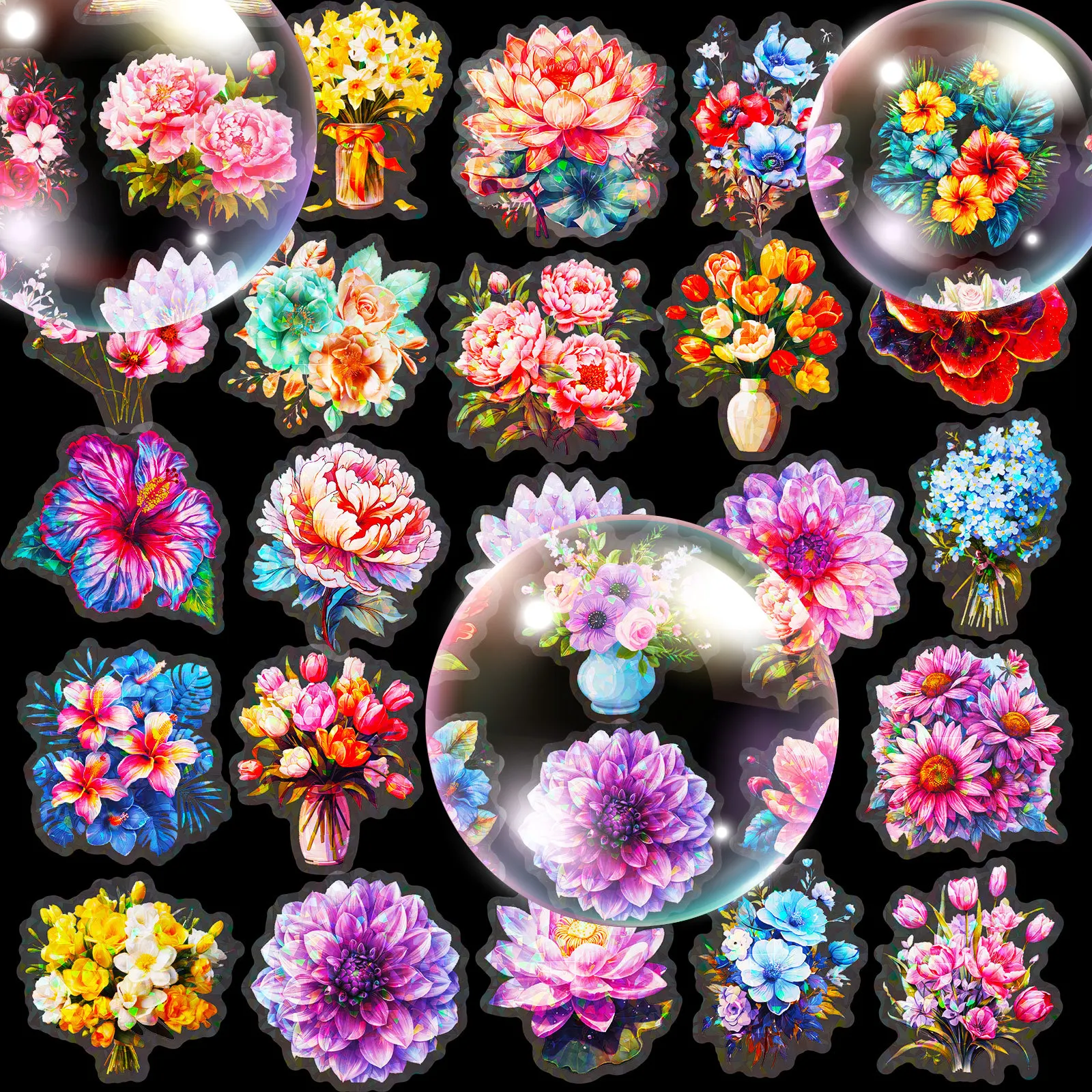 50pcs Laser Flower PET Transparent hand tent Waterproof Sticker DIY Luggage Notebook Flower Sticker