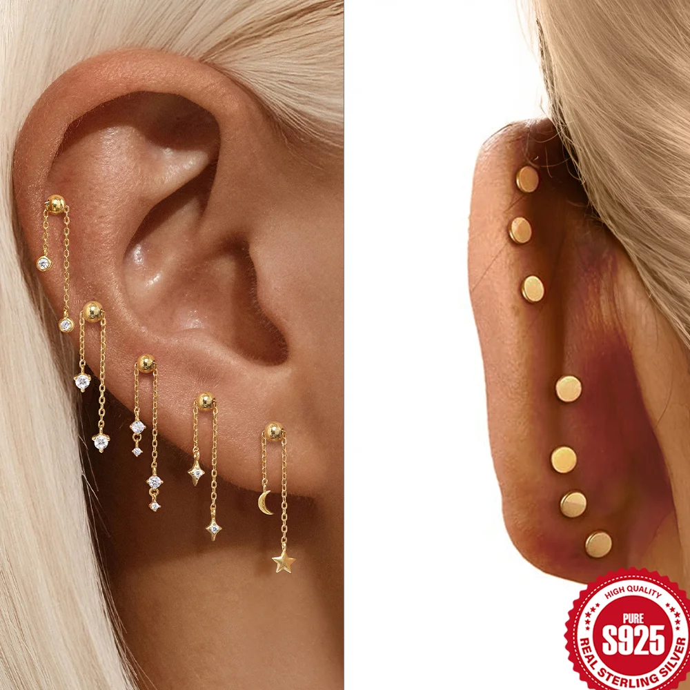 

BOAKO 925 Sterling Silver Star Moon Chain Tassel Shiny For Woman Piercing Stud Earring Dainty Luxury fine jewelry unique