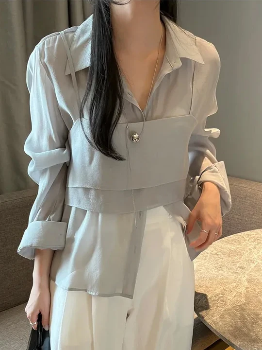 

Корейский женский комплект из двух предметов: повседневный шикарный топ и брюки, весенний сезон, длинная блузка из смесового хлопка