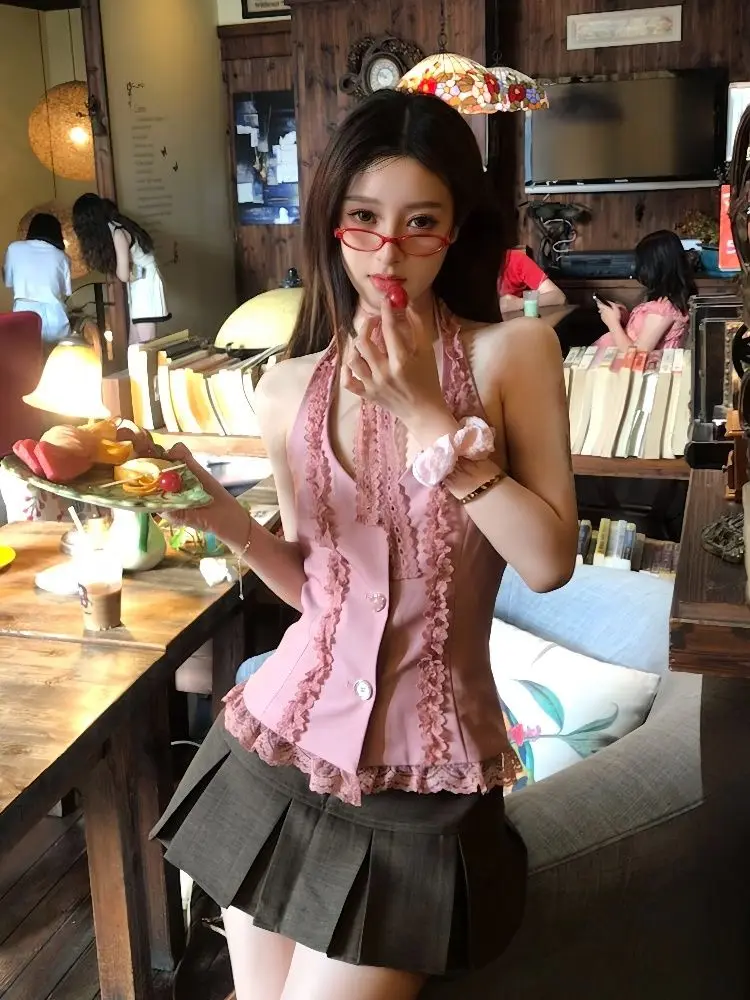 Korean Kawaii Pink Women Dress Sling Tank Backless Hottie 2 Pieces Clothes Y2k Flower Lace Top Camis Short Dress Girl Sweet Set