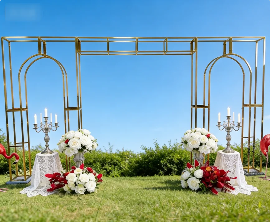 

New high-end stainless steel shiny gold wedding arch, banquet performance, party background decoration props