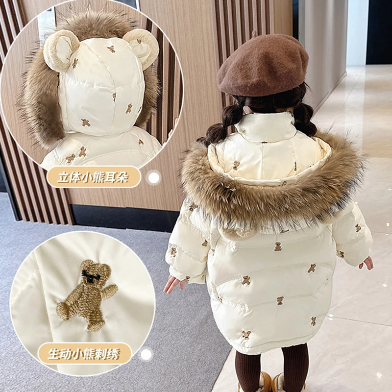 3 4 5 6 8 10 Years Winter Girls Down Jacket Fur Collar Fashion Parka Coat Hooded Zipper Outerwear Birthday Gift New Kids Clothes