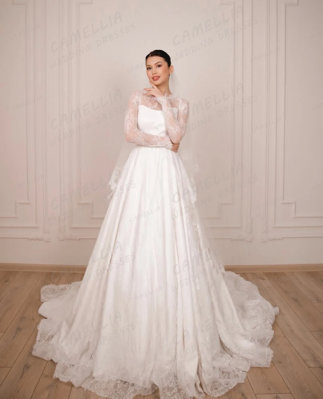 Robe De mariée trapèze élégante style Boho, en dentelle, manches longues, col haut, en Tulle, personnalisée, pour femmes