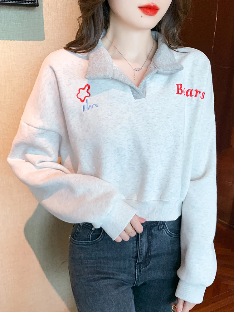 

Embroidered Letter Short Sweatshirts Women Polo Collar Long Sleeve Loose Casual Cropped Tops Female 2023 New Grey Pullovers Girl