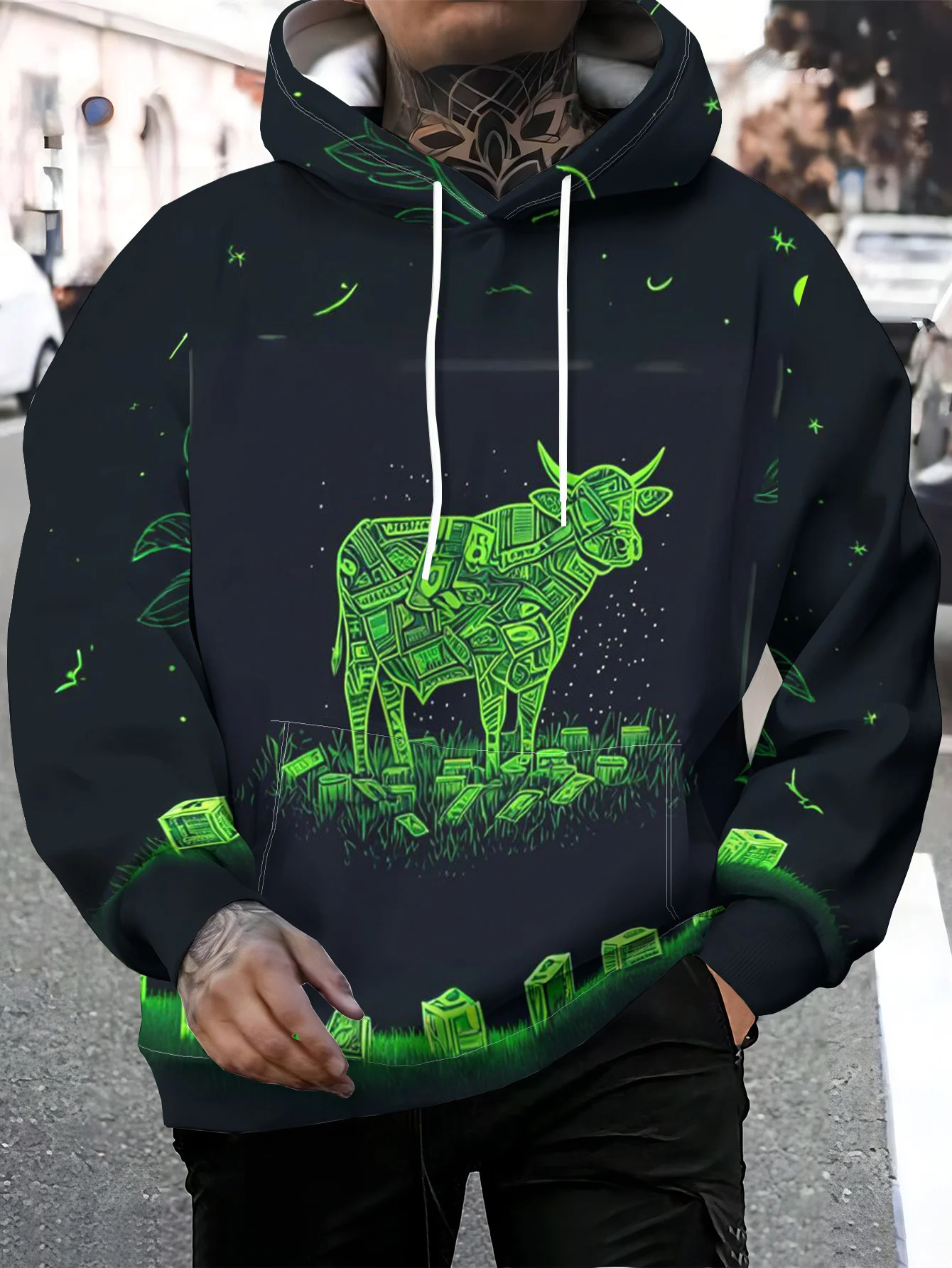 Men Green Bull Money Stack Circuit 3D Print Hoodie Stock Market Theme Long Sleeve Casual Oversized Hooded Pullover