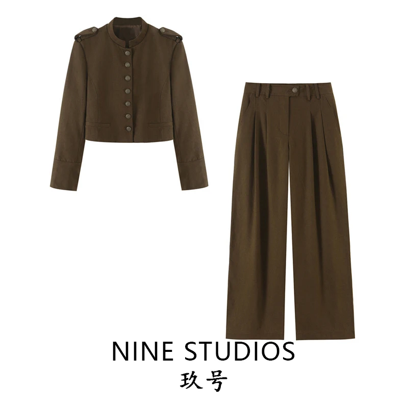 NINE ZAR Women's Fashion Short Suit Jacket with Button Decoration Pleated Wide Leg Pants Two-Piece Set Long Sleeve Winter Wear