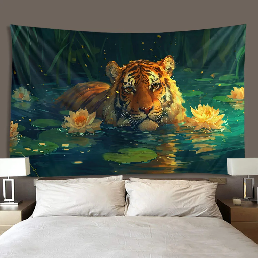 Lotus Tiger Wall Tapestry Large Luminous Flower Design Luxurious Background Bedroom Decor Aesthetic Hanging Cloth