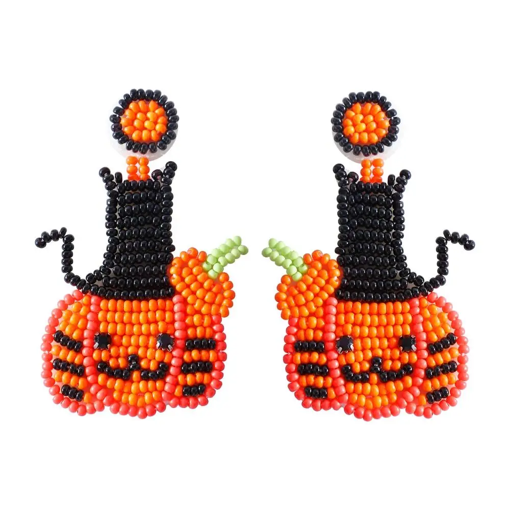 

Pumpkin Halloween Earrings Beaded Beautiful Bohemia Rice Bead Earrings Halloween Hand Knitting Design Ghost Dangle Earrings