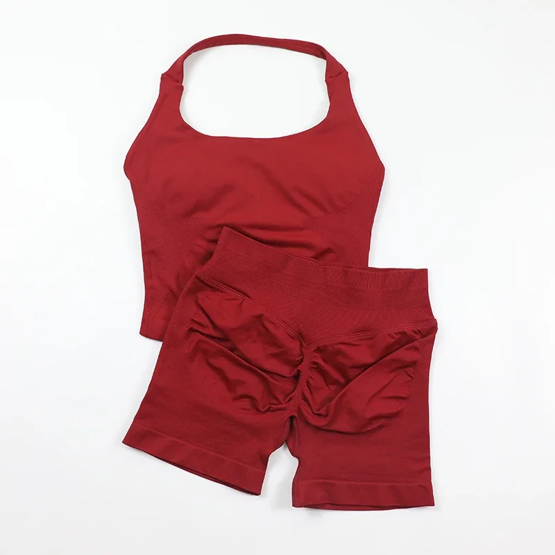 

Summer hanging body sculpting beautiful shoulder strap bra bra and sports yoga shorts solid color comfortable gym clothes