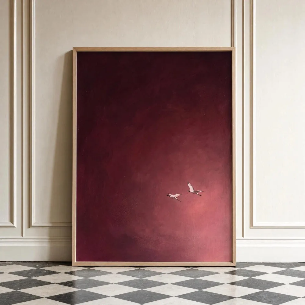 Burgundy Wall Art,Dark Red Sky Painting,Two Birds in Flight Print,Deep Wine Bedroom Decor,Above Bed Wall Art,Digital Download