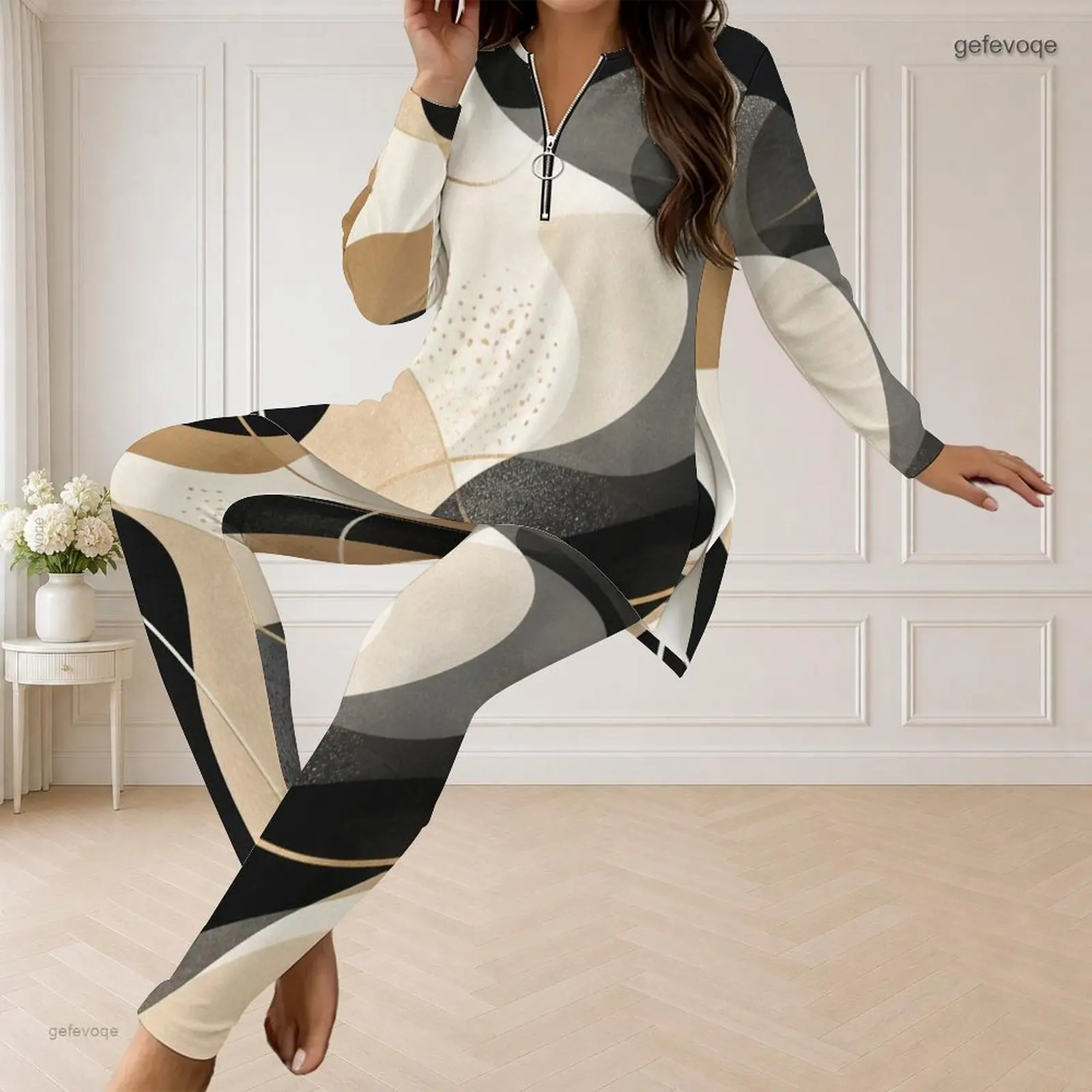 Fall Graphic Print Plus Size Sets Women V Neck Curved Neutral Abstract Plus Size Clothes Womens Clothing For Loungewear