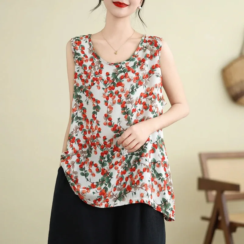 

Women's Floral Print Sleeveless Tank Top Loose Plus Size Cotton Blouse Casual Summer