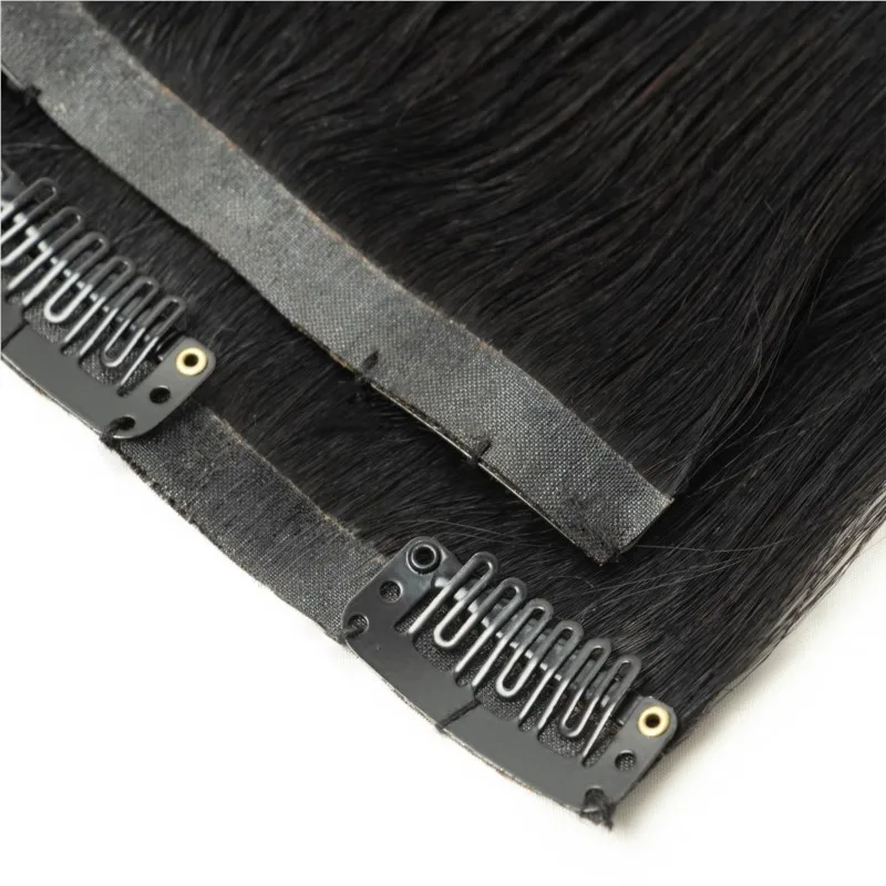 PU Clip In Hair Extensions 5PCS Seamless Kinky Straight Yaki Straight Natural Human Hair Clip On 12