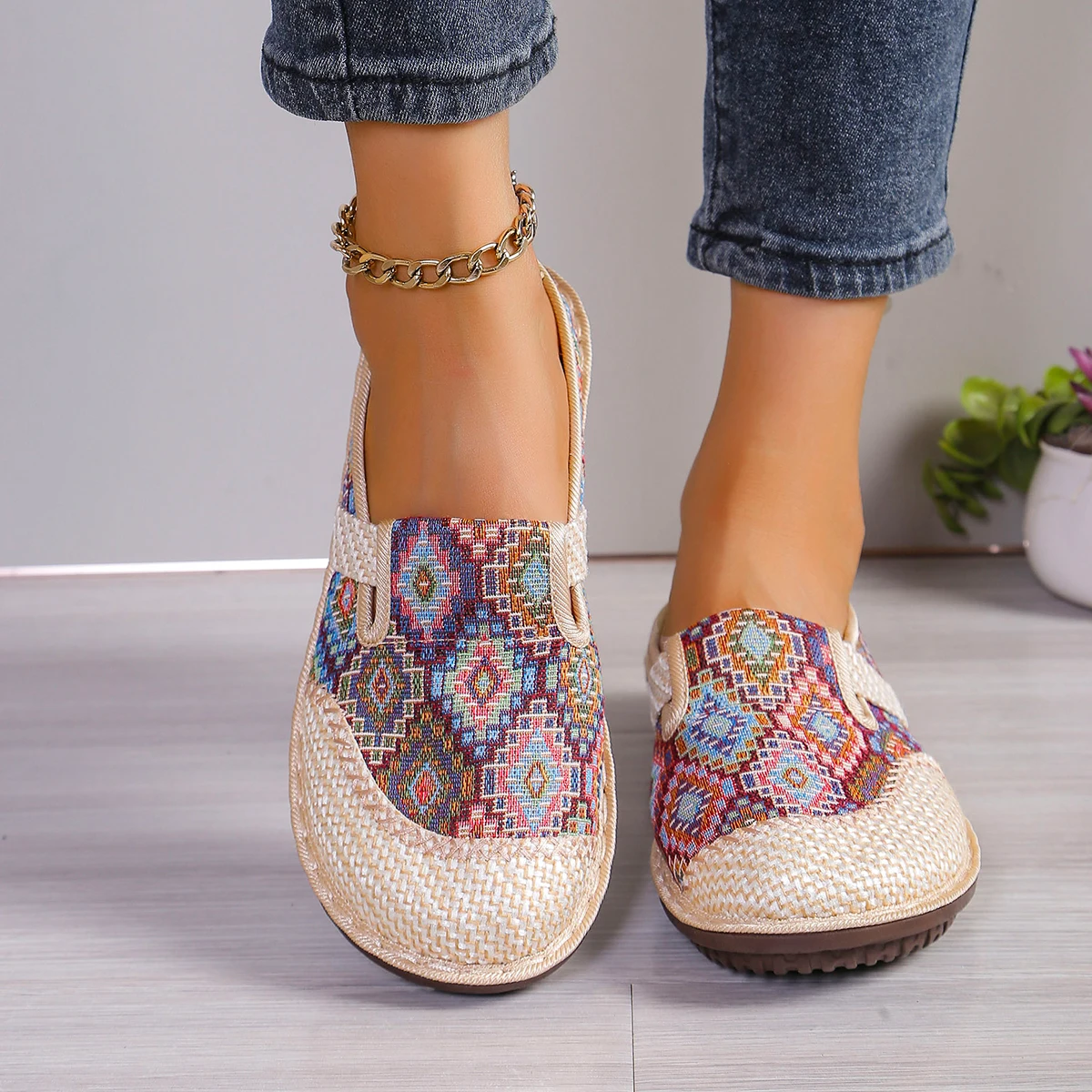 

Women's Print Espadrille Flats Breathable Slip-On Non-slip Loafers Comfortable Linen Woven Walking Shoes Drop Shipping Supported