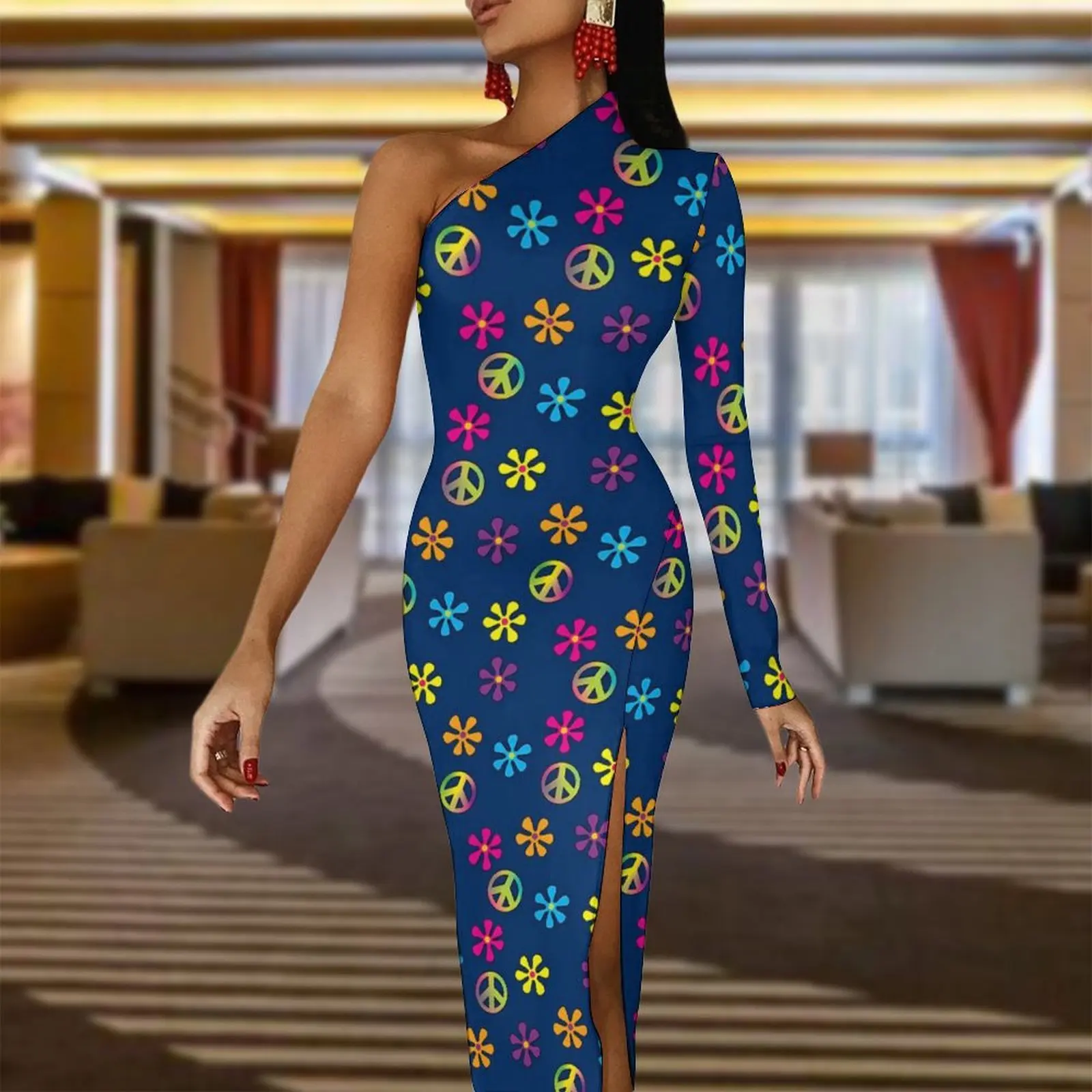 Groovy Hippie Peace Maxi Dress Long Sleeve Flower Print Party Bodycon Dresses Spring Sexy Dress Ladies Custom Clothing