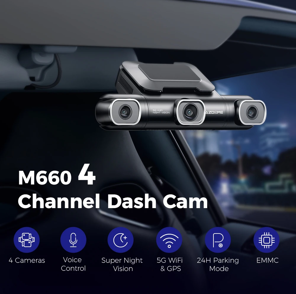 AZDOME Dash Cam M660 2K+3*1080P 4CH Car DVR GPS 5G Wifi Built-in 128GB eMMC Voice Control 24H Parking Monitor Super Night Vision