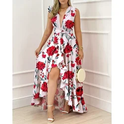 Spring Summer Elegant High Waist Design New Printing Dress Sleeveless V Neck Sexy Long Dress