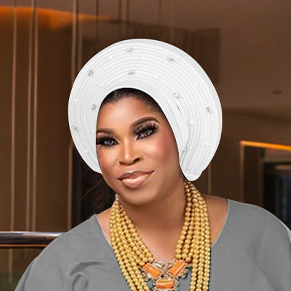 

African Auto Gele Headtie Aso Oke Nigeria Wedding Party Headwear Beads Turban Cap Women Muslim Hijab Bonnet Head Wrap Turbante