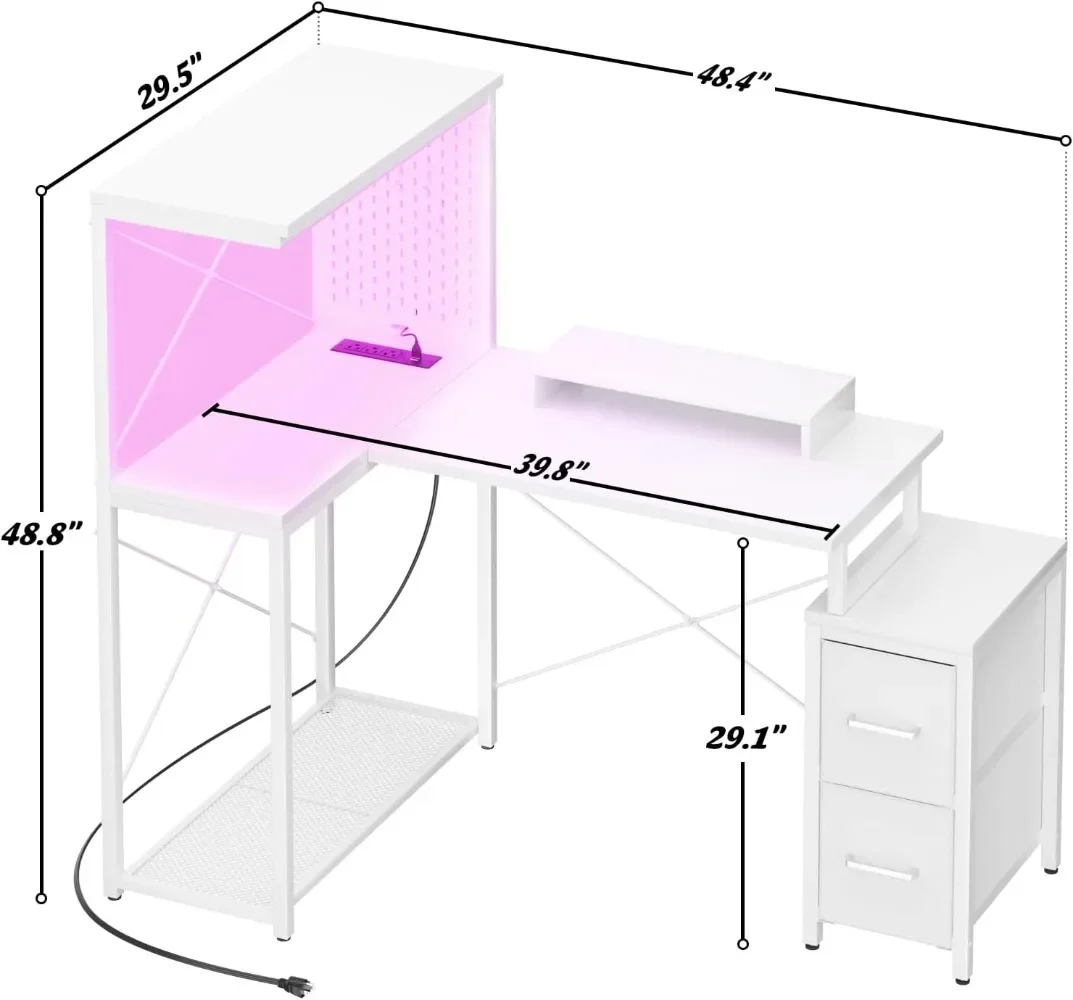 L Shaped Gaming Desk with 2 Fabric Drawers - Reversible Computer Desk with Power Outlet & LED Lights