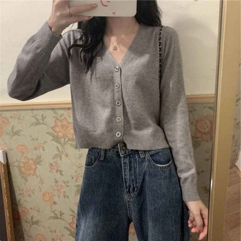 

Early Autumn New Knitted Open Cardigan Short Loose Fit Thin Women's Outerwear Sweet Style Cotton Long Sleeve Sweater Jacket