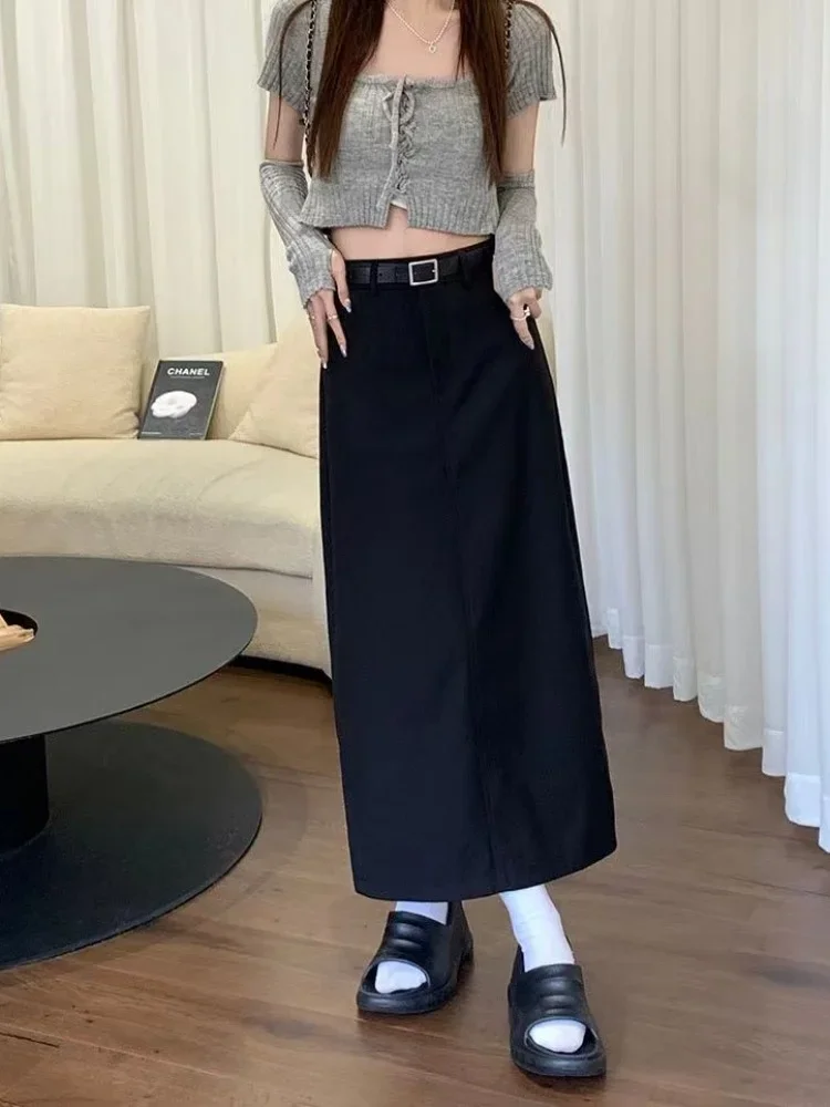 

Gentle Skirts Women All-match Mid-calf Ulzzang Casual A-line Design Faldas Spring Fall Fashion Office Ladies Solid Temperament