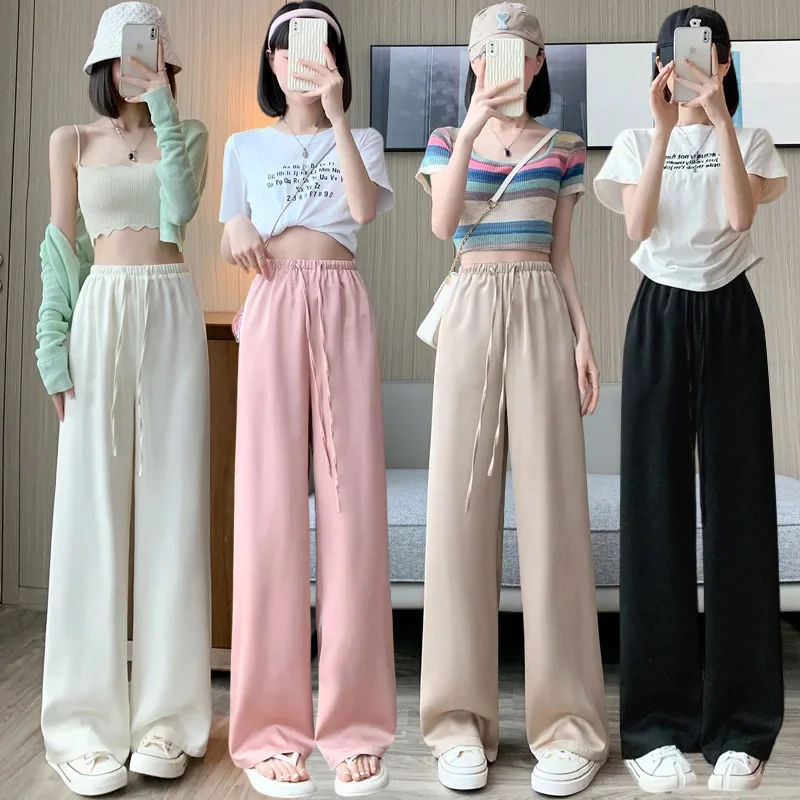 

Monochrome Satin Silk Pants for Women High Waist Wide Leg Trousers Casual Breathable Drawstring Straight Pants Summer New 2025