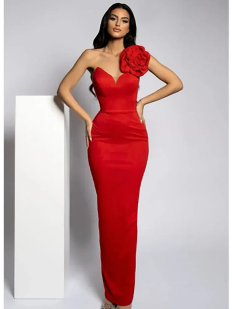 Summer Fashion Women Sexy V Neck Flower Diamonds Red Maxi Long Bodycon Cotton Dress 2024 Elegant Evening Club Party Dress