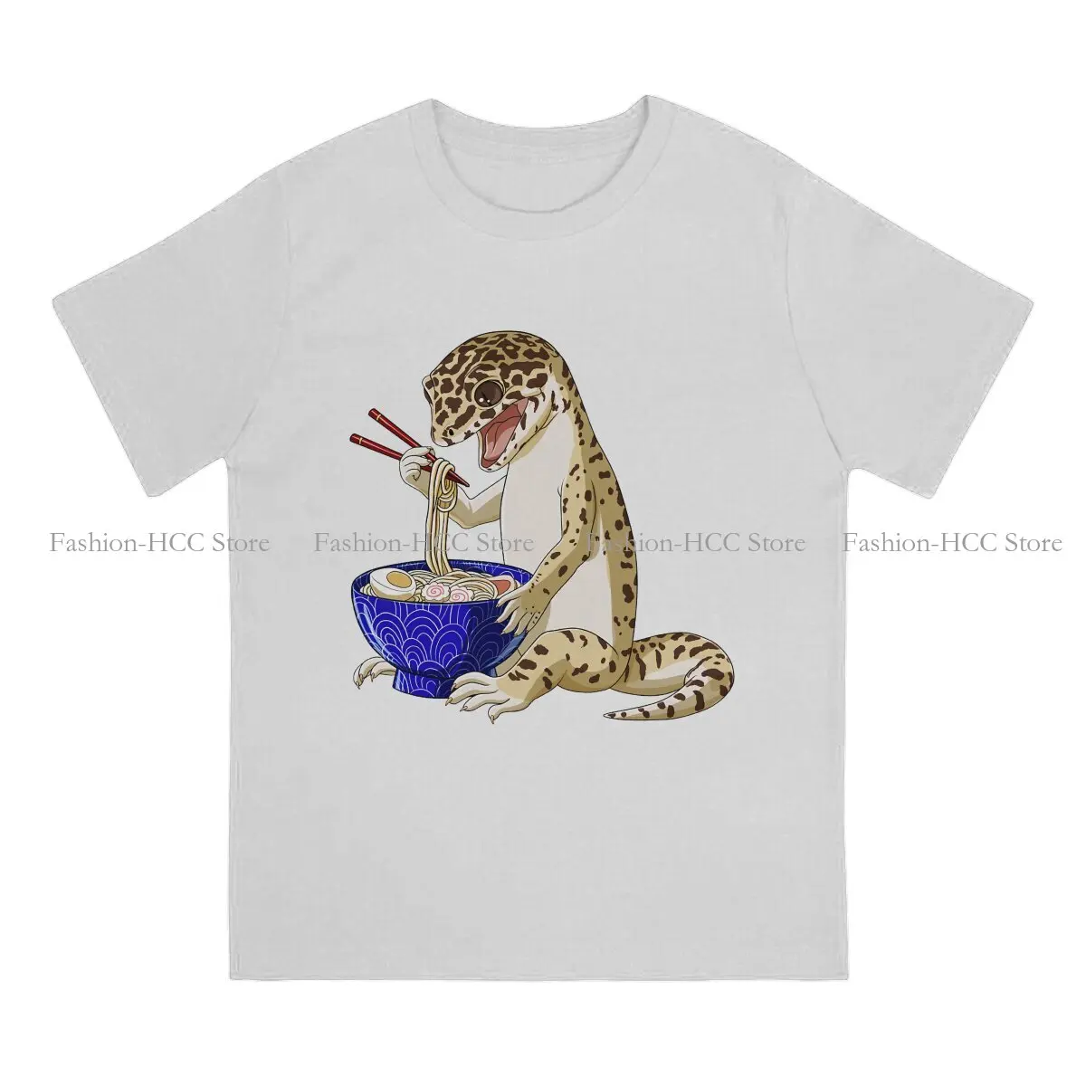 Leopard Eats Japanese Ramen Noodles Harajuku Polyester TShirt Gecko Lover Printing Streetwear Casual T Shirt Male