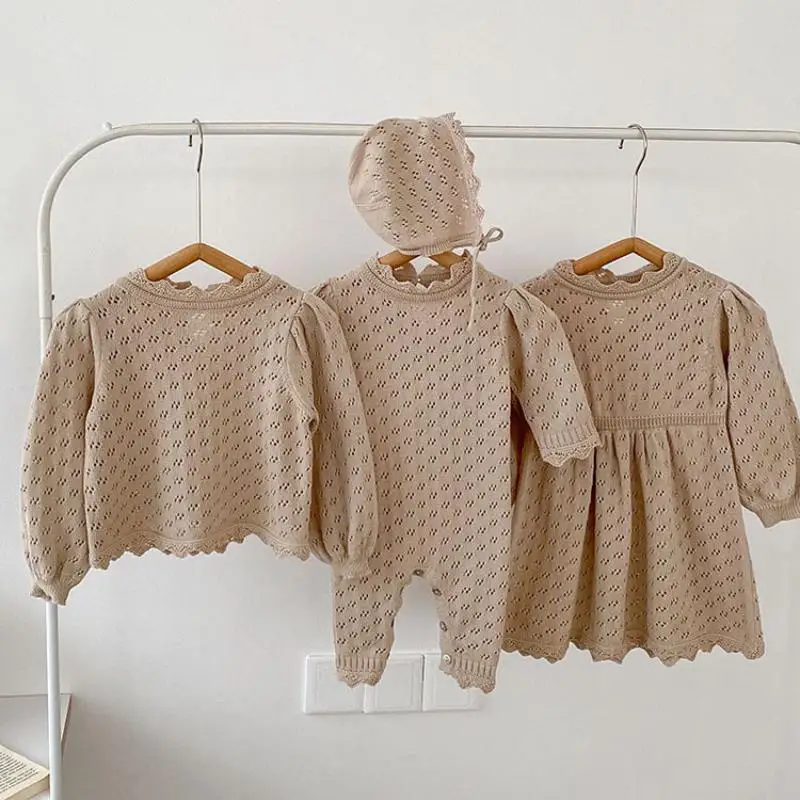 2024 New Girl Dresses Autumn Knitted Princess Dress Baby Girls Long Sleeves Knitting Top Newborn Solid Color Romper Sister Wear