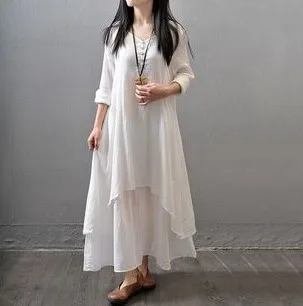 Casual Women's Dress Spring  Item Fake Two-piece Long  Artistic Display Linen Dress Loose Long Sleeved Cotton Linen